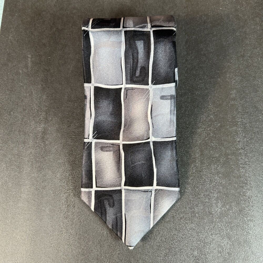 Arrow Neck Tie 100% Silk Black Grey White Abstract Geometric Pattern Mens